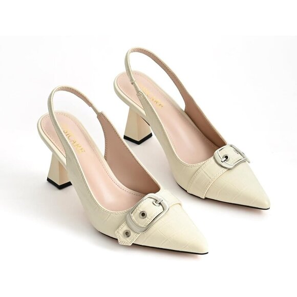 🆕 White Slingback Kitten Heels Women’s Pointed Toe Buckle Strap Dress Pumps - Picture 7 of 13